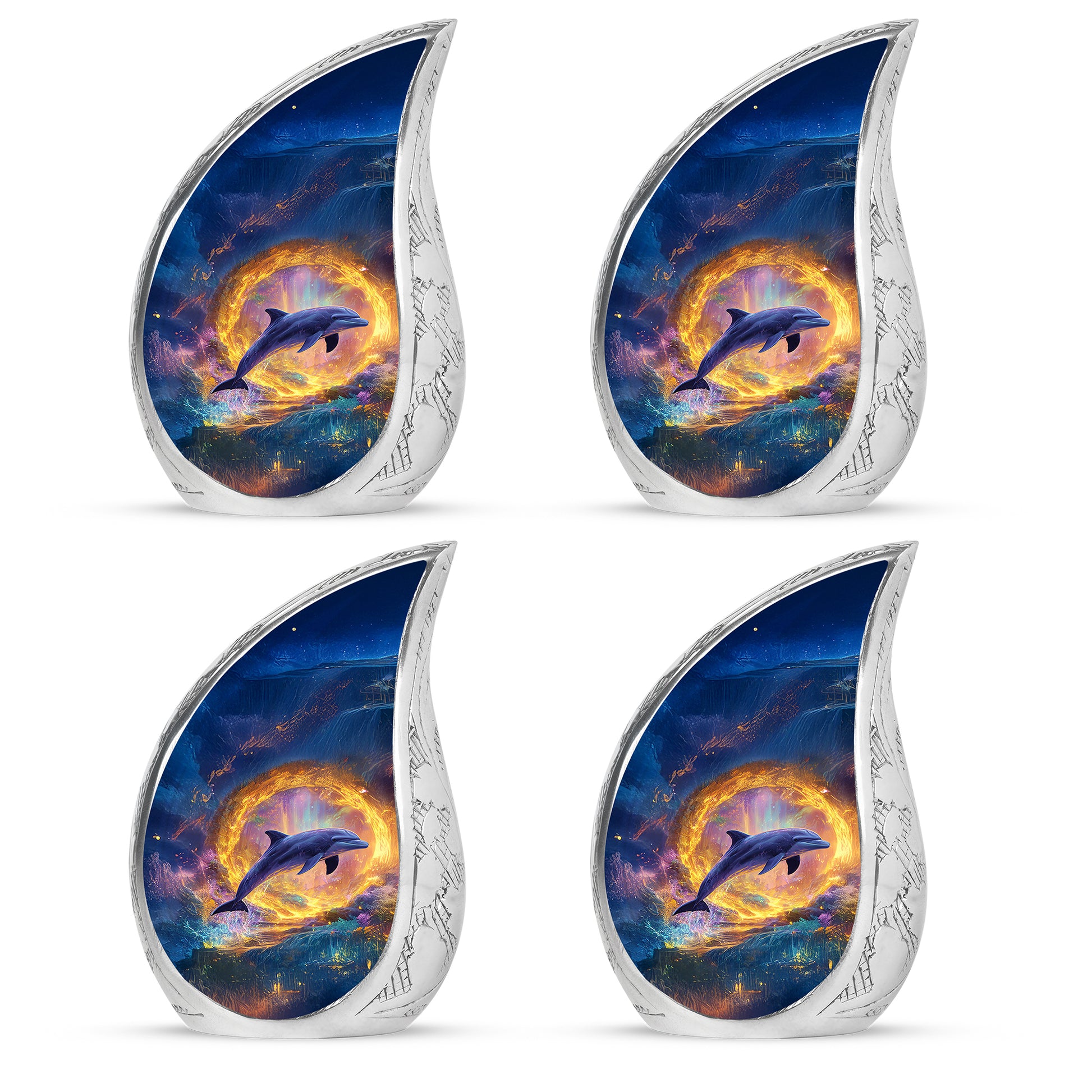 Misty Blue Dolphin Cremation Urn close-up of engraving and surface detail - rounded teardrop dolphin design with delicate detail - 10 inch aluminum urn for cremated remains