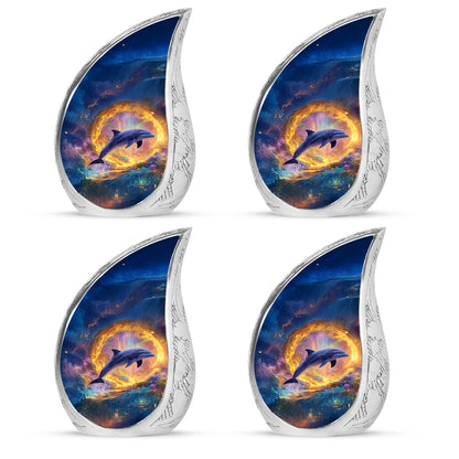 Misty Blue Dolphin Cremation Urn close-up of engraving and surface detail - rounded teardrop dolphin design with delicate detail - 10 inch aluminum urn for cremated remains