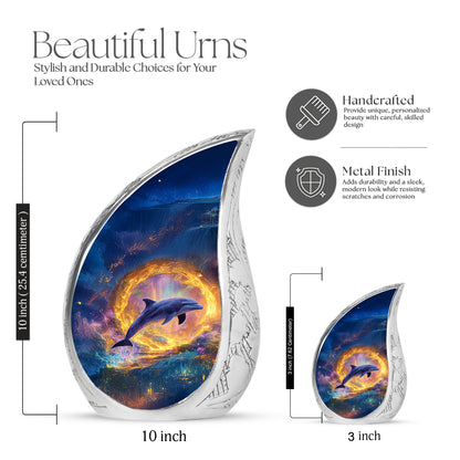 Sapphire Blue Dolphin Cremation Urn angled view of lid and engraved motif - smooth teardrop contour featuring dolphin art - mini keepsake memorial for portion of cremation ashes