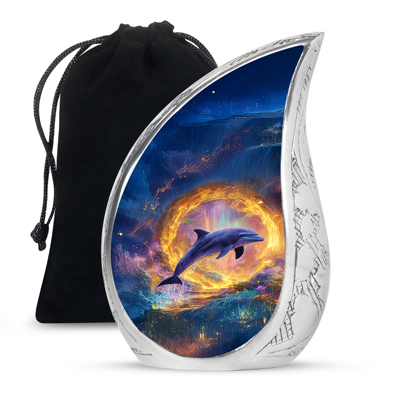 Soft Blue Dolphin Cremation Urn front view showing detailed design - graceful tear-shaped urn with dolphin motif - full-size 10 inch 200 cubic inch adult cremation urn
