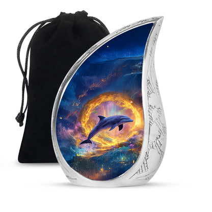 Soft Blue Dolphin Cremation Urn front view showing detailed design - graceful tear-shaped urn with dolphin motif - full-size 10 inch 200 cubic inch adult cremation urn