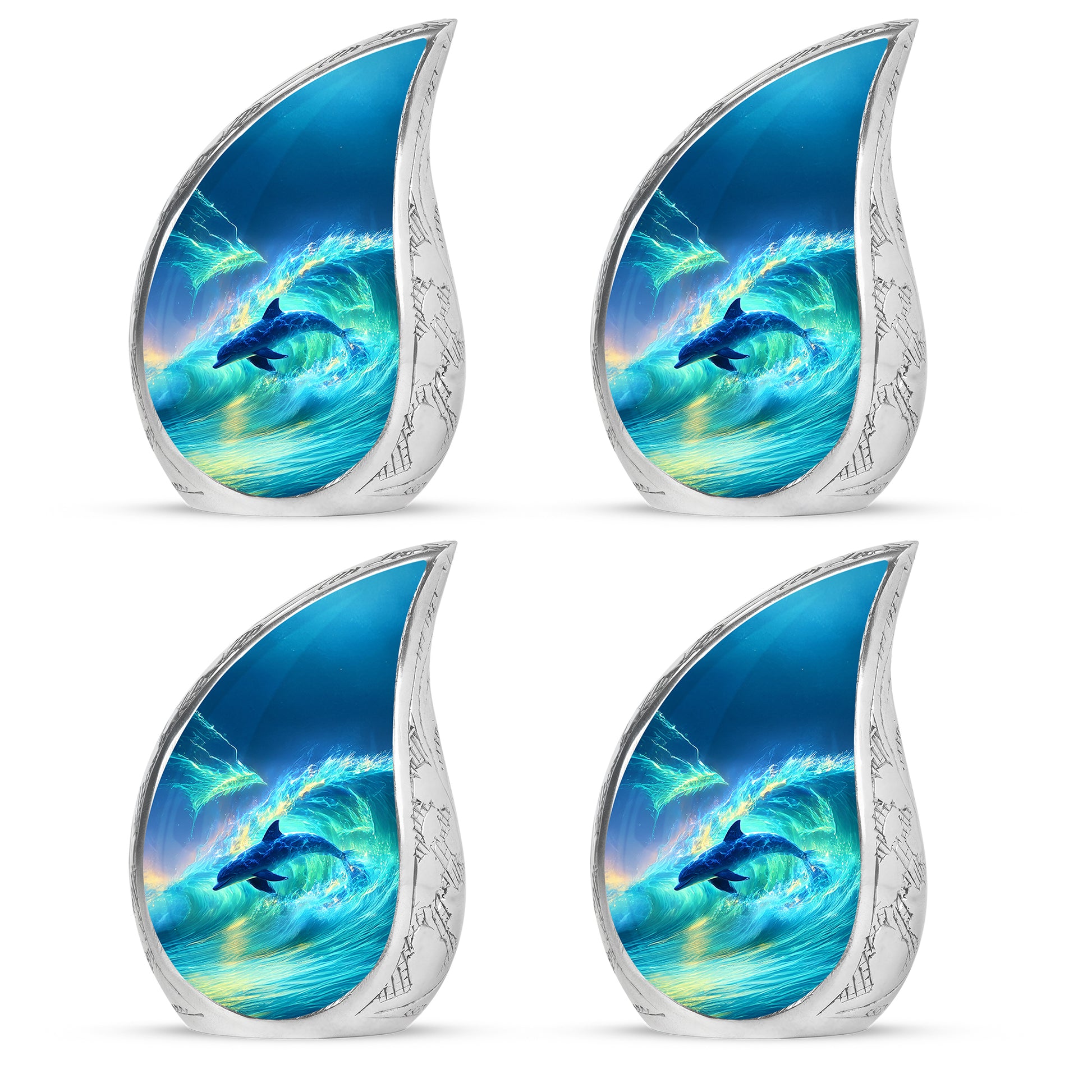 Azure Dolphin Cremation Urn close-up of engraving and surface detail - flowing teardrop dolphin silhouette on curved aluminum - 10 inch aluminum urn for cremated remains