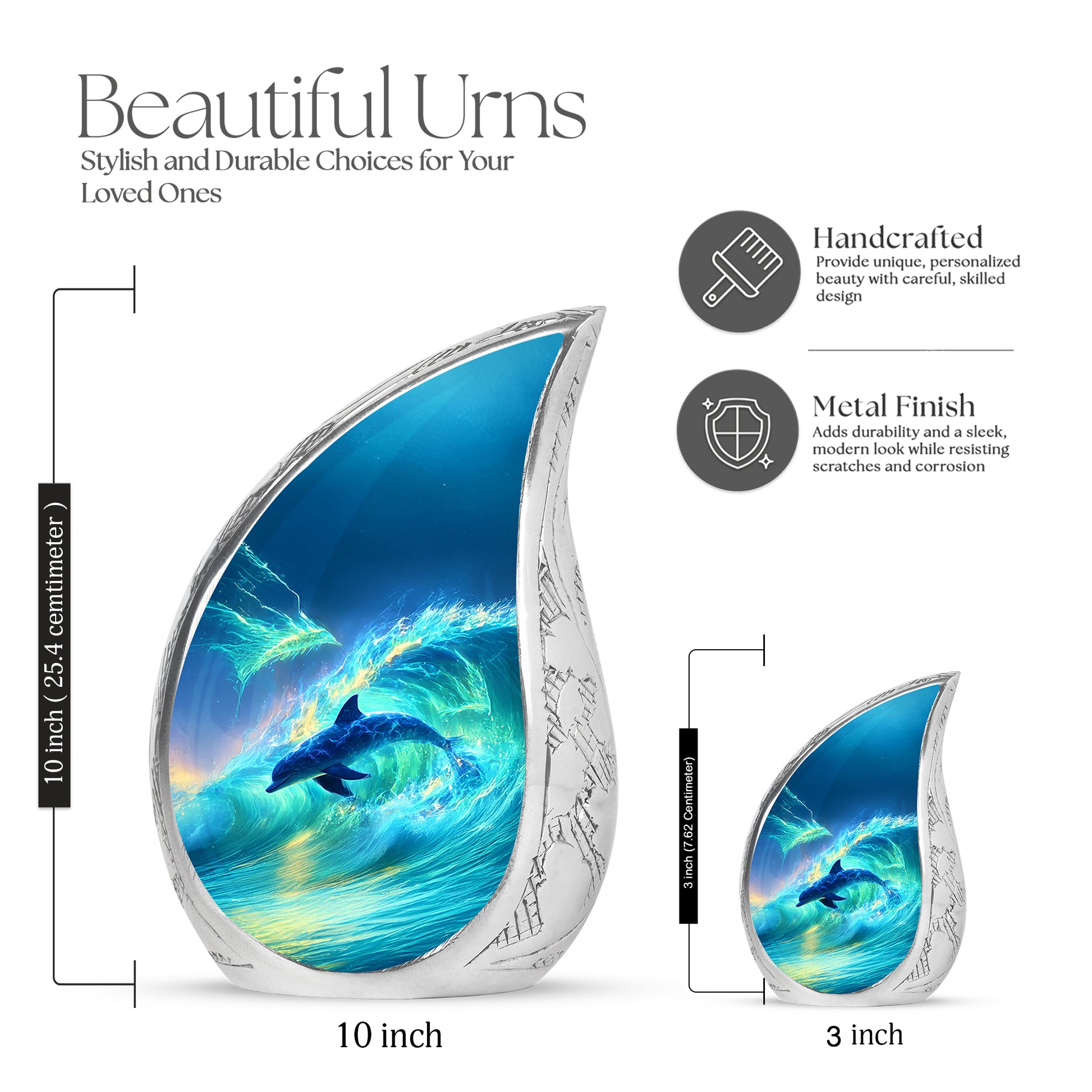 Cornflower Blue Dolphin Cremation Urn angled view of lid and engraved motif - smooth teardrop contour featuring dolphin art - mini keepsake memorial for portion of cremation ashes