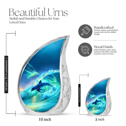 Cornflower Blue Dolphin Cremation Urn angled view of lid and engraved motif - smooth teardrop contour featuring dolphin art - mini keepsake memorial for portion of cremation ashes
