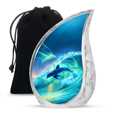Dusty Blue Dolphin Cremation Urn front view showing detailed design - rounded teardrop dolphin design with delicate detail - full-size 10 inch 200 cubic inch adult cremation urn