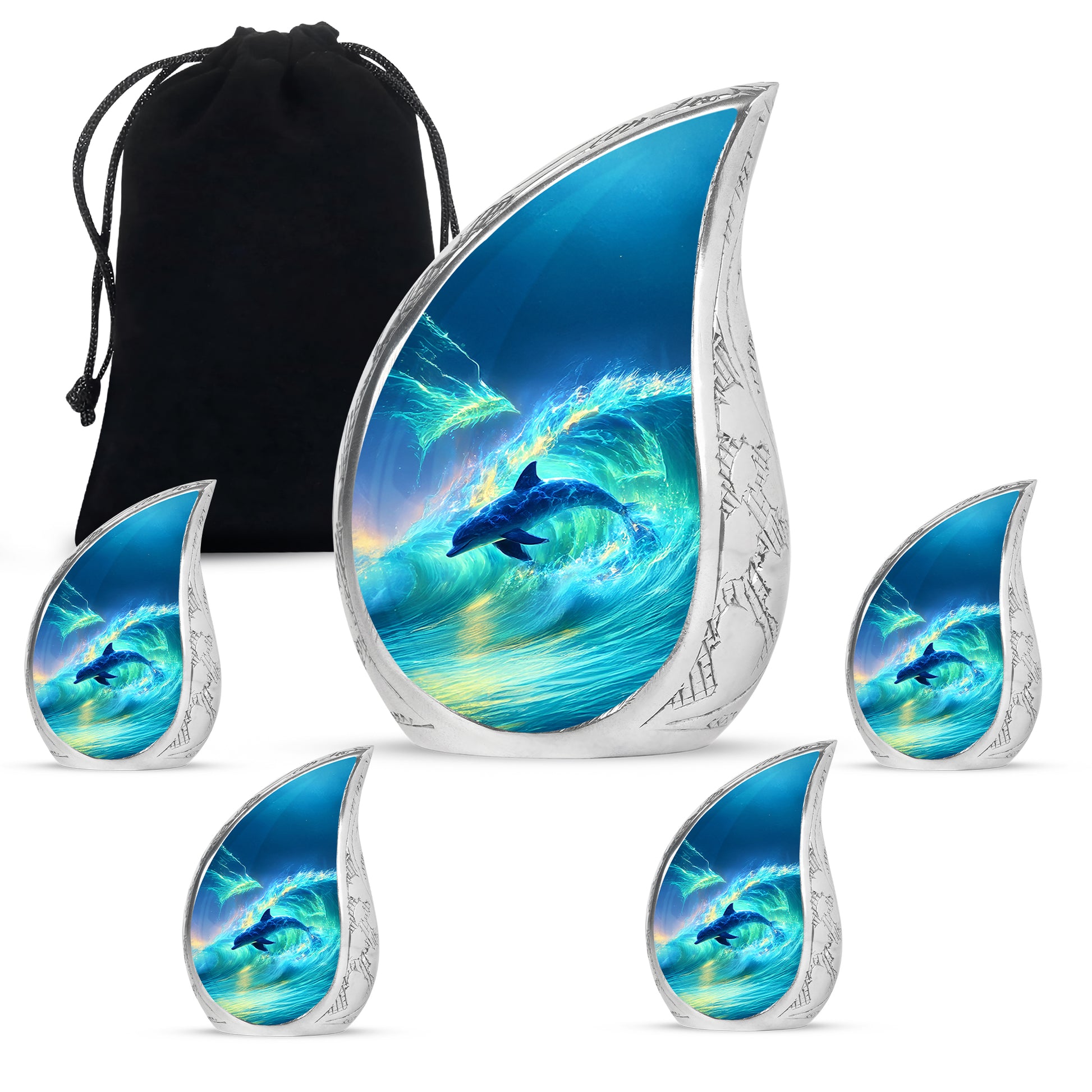 Bright Blue Dolphin Cremation Urn side profile showing urn shape - graceful tear-shaped urn with dolphin motif - memorial set with one large and four small urns