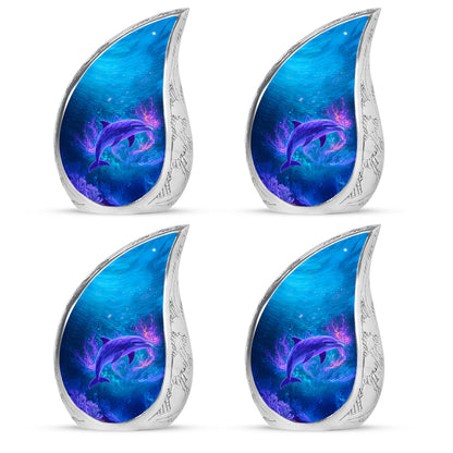 Pastel Blue Dolphin Cremation Urn close-up of engraving and surface detail - rounded teardrop dolphin design with delicate detail - 10 inch aluminum urn for cremated remains