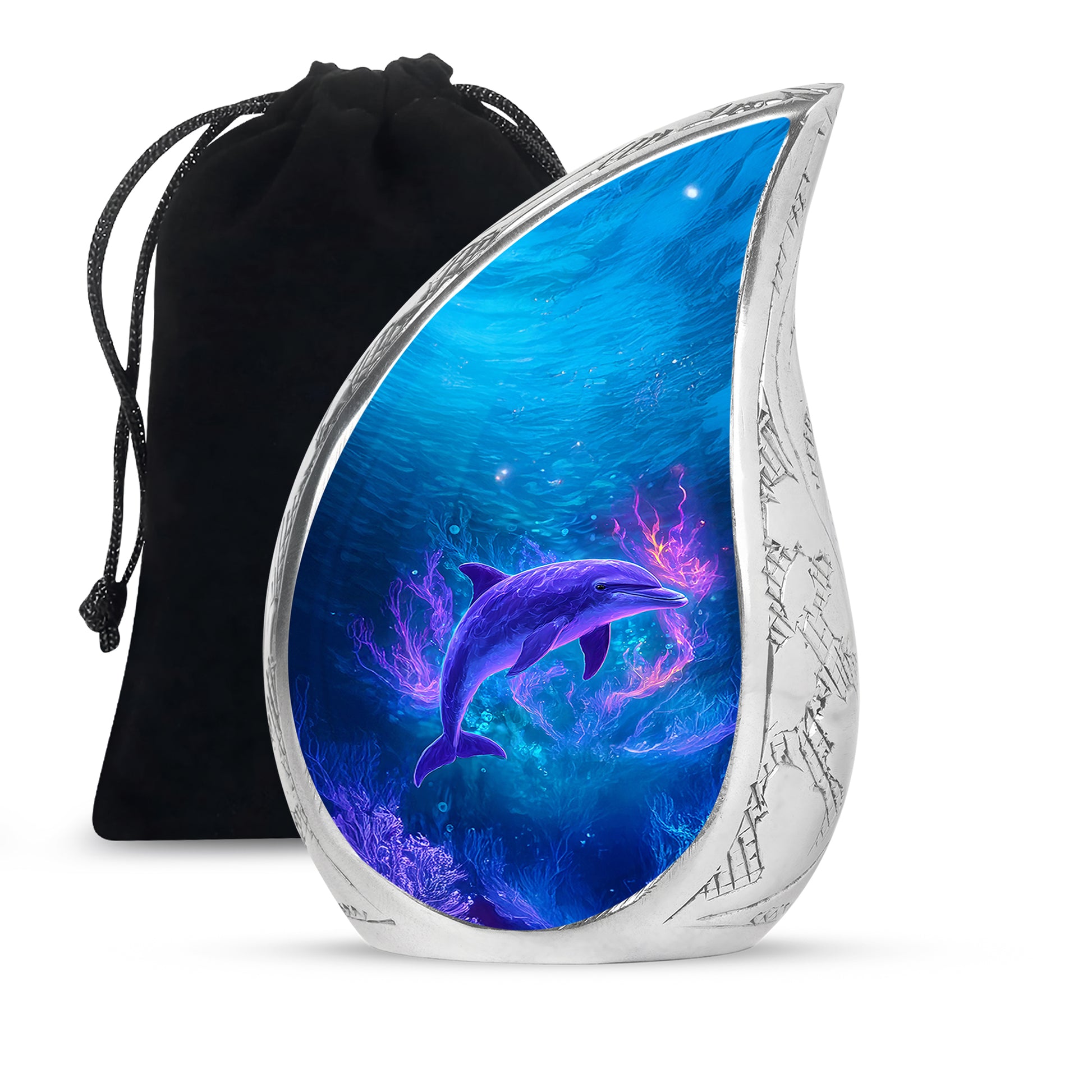 Bright Blue Dolphin Cremation Urn front view showing detailed design - graceful tear-shaped urn with dolphin motif - full-size 10 inch 200 cubic inch adult cremation urn