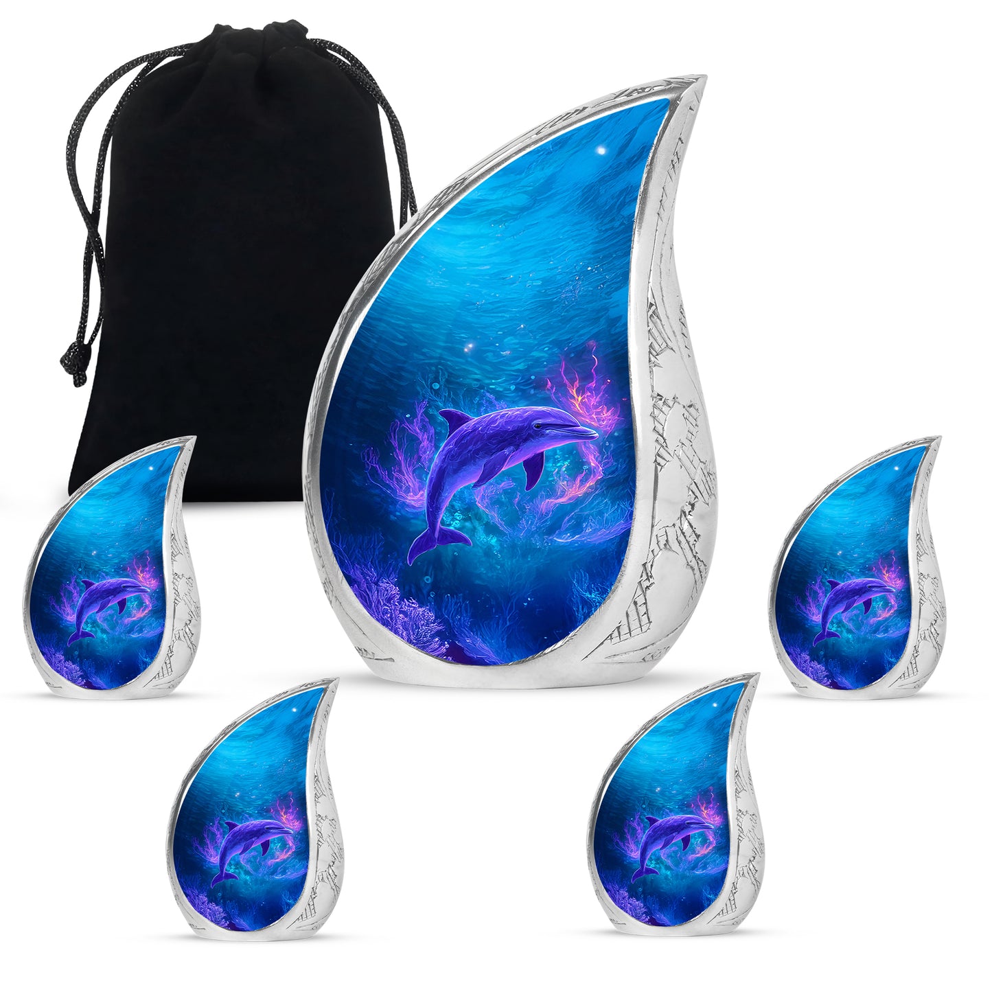 Misty Blue Dolphin Cremation Urn side profile showing urn shape - rounded teardrop dolphin design with delicate detail - memorial set with one large and four small urns