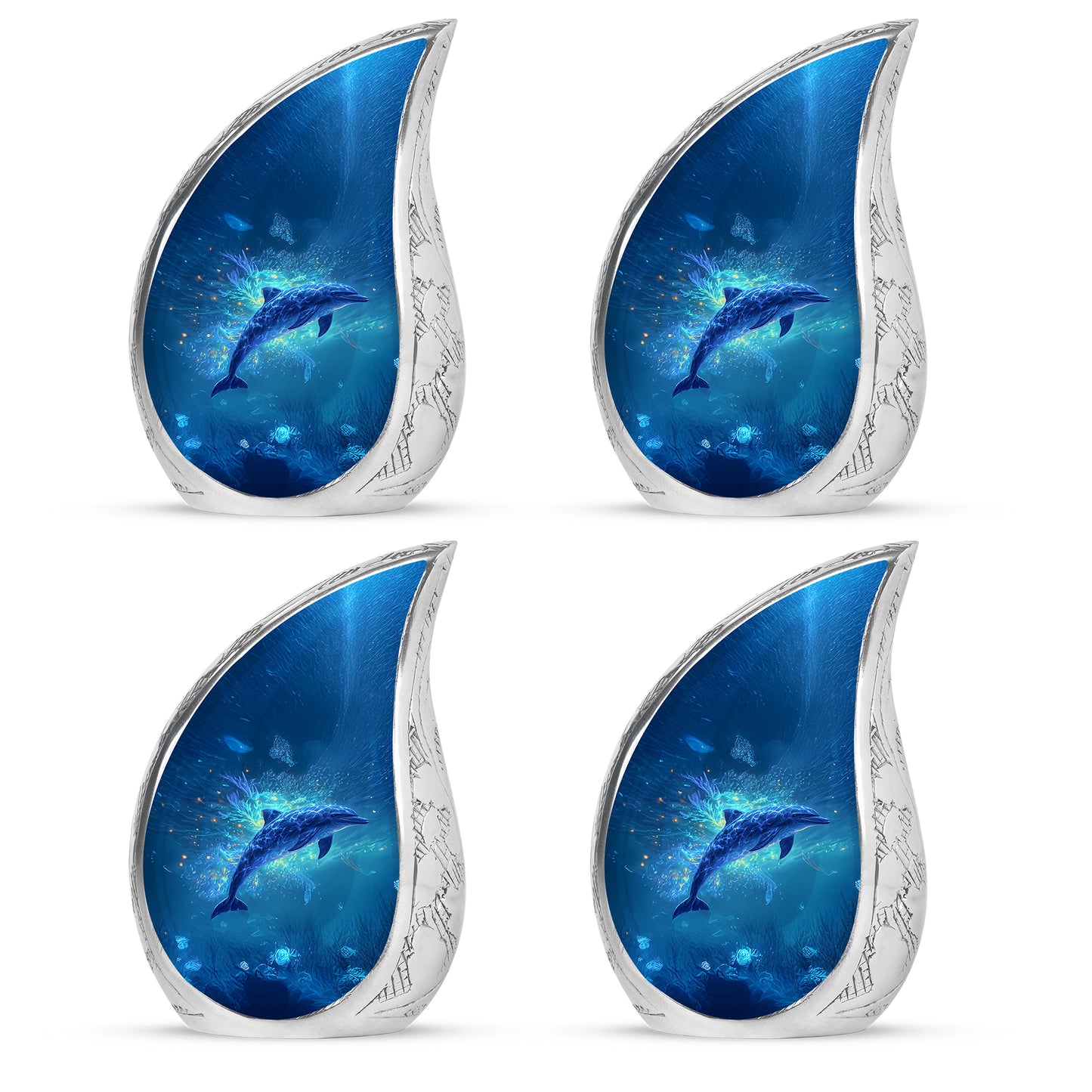 Azure Dolphin Cremation Urn close-up of engraving and surface detail - rounded teardrop dolphin design with delicate detail - 10 inch aluminum urn for cremated remains