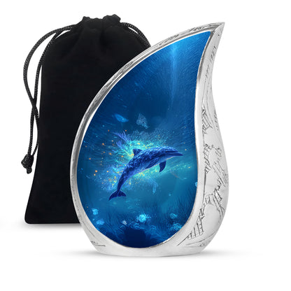 Royal Blue Dolphin Cremation Urn front view showing detailed design - graceful tear-shaped urn with dolphin motif - full-size 10 inch 200 cubic inch adult cremation urn