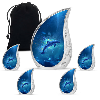 Steel Blue Dolphin Cremation Urn side profile showing urn shape - smooth teardrop contour featuring dolphin art - memorial set with one large and four small urns