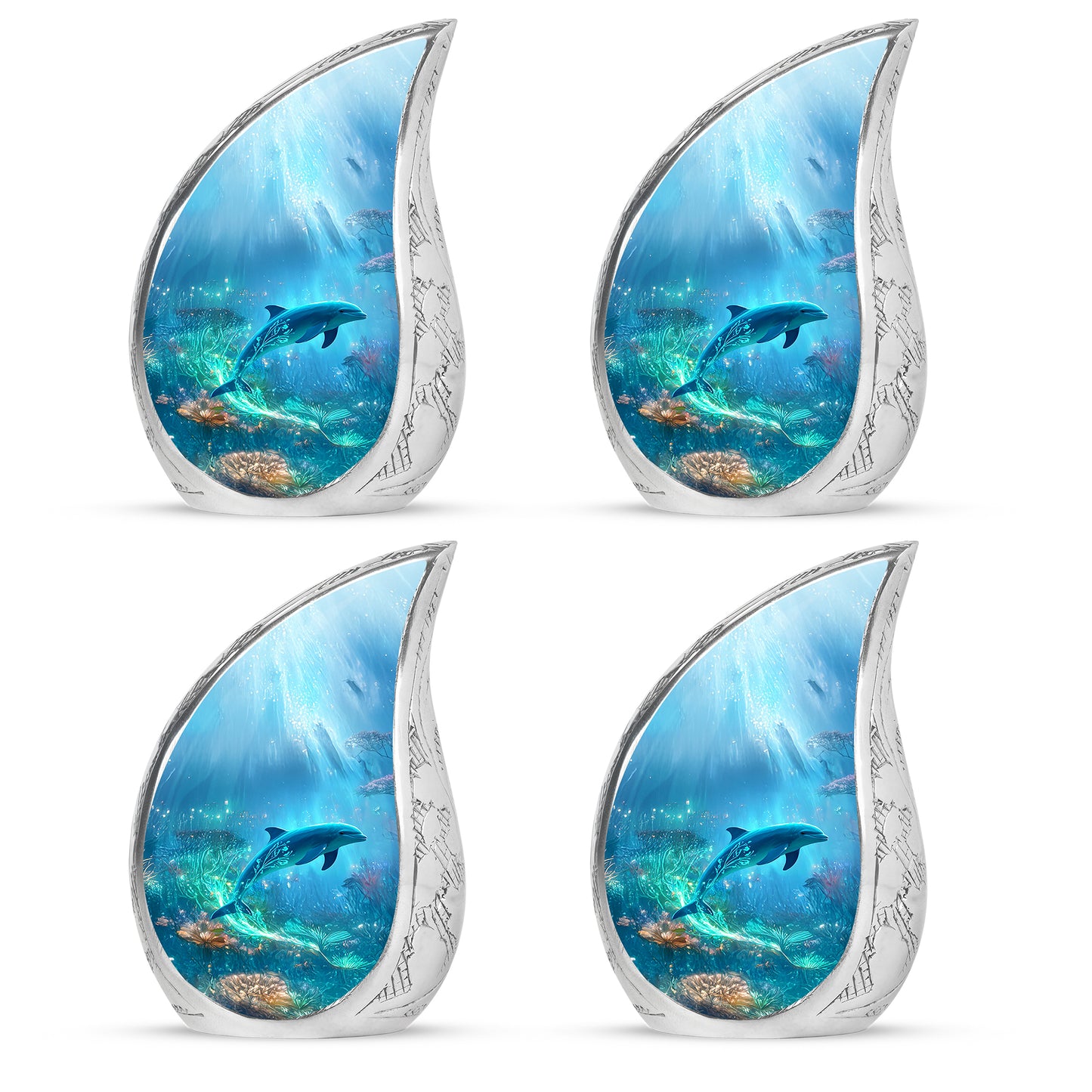 Azure Dolphin Cremation Urn close-up of engraving and surface detail - rounded teardrop dolphin design with delicate detail - 10 inch aluminum urn for cremated remains