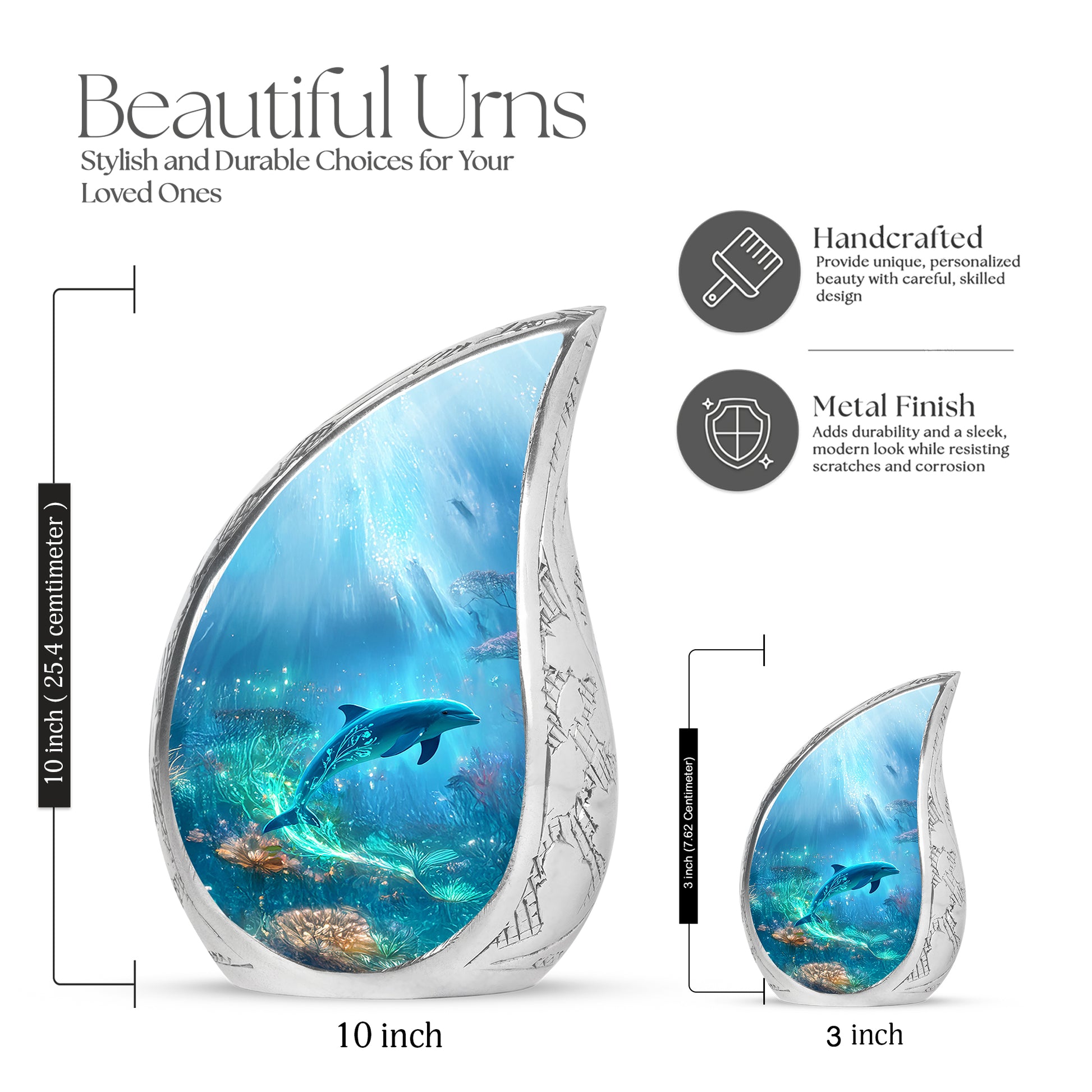 Soft Blue Dolphin Cremation Urn angled view of lid and engraved motif - graceful tear-shaped urn with dolphin motif - mini keepsake memorial for portion of cremation ashes