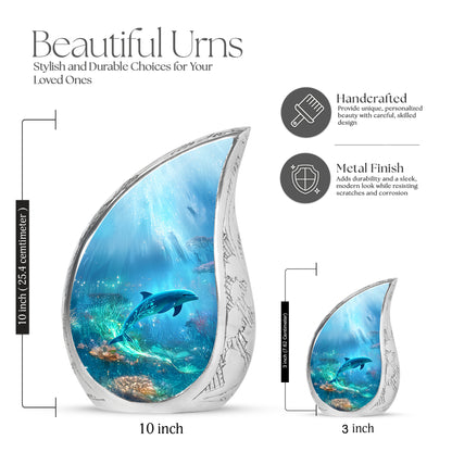 Soft Blue Dolphin Cremation Urn angled view of lid and engraved motif - graceful tear-shaped urn with dolphin motif - mini keepsake memorial for portion of cremation ashes