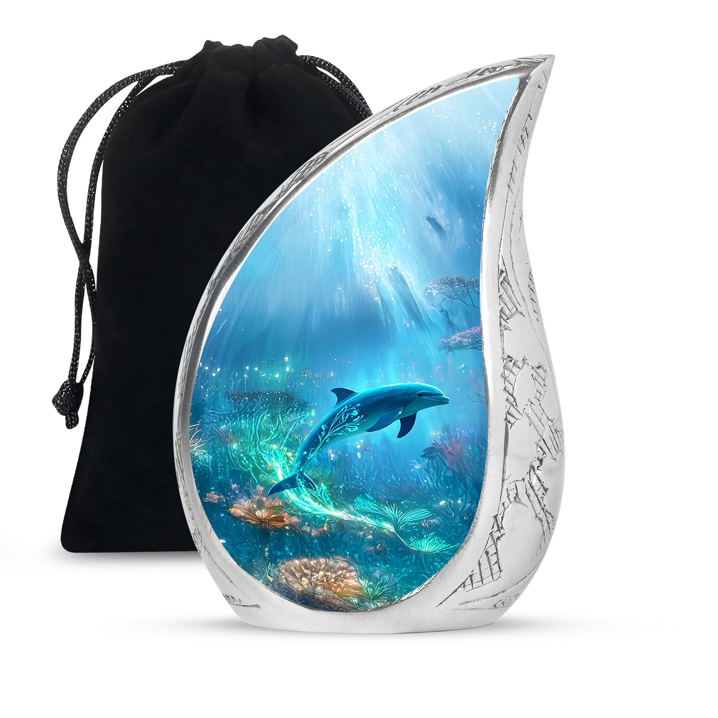 Sapphire Blue Dolphin Cremation Urn front view showing detailed design - smooth teardrop contour featuring dolphin art - full-size 10 inch 200 cubic inch adult cremation urn