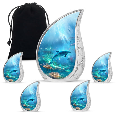 Serene Blue Dolphin Cremation Urn side profile showing urn shape - graceful tear-shaped urn with dolphin motif - memorial set with one large and four small urns