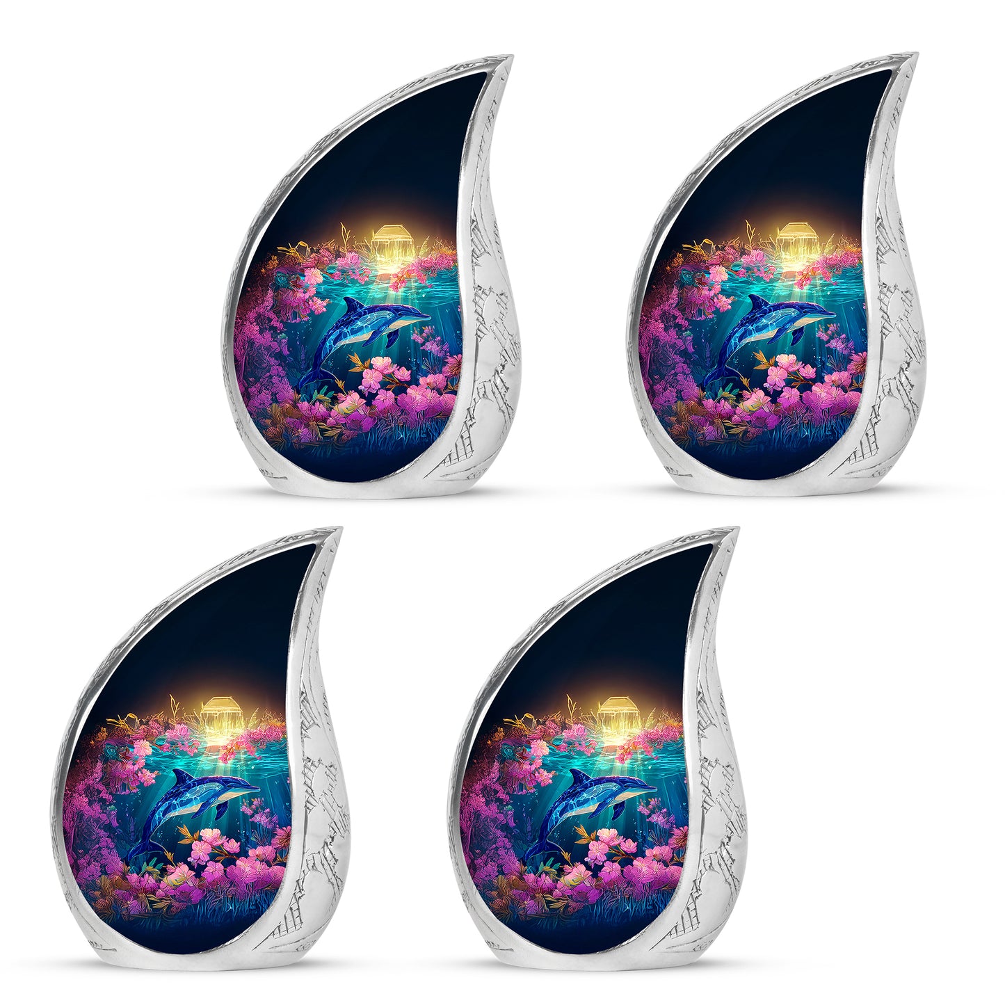Sunrise Gold Dolphin Cremation Urn close-up of engraving and surface detail - rounded teardrop dolphin design with delicate detail - 10 inch aluminum urn for cremated remains