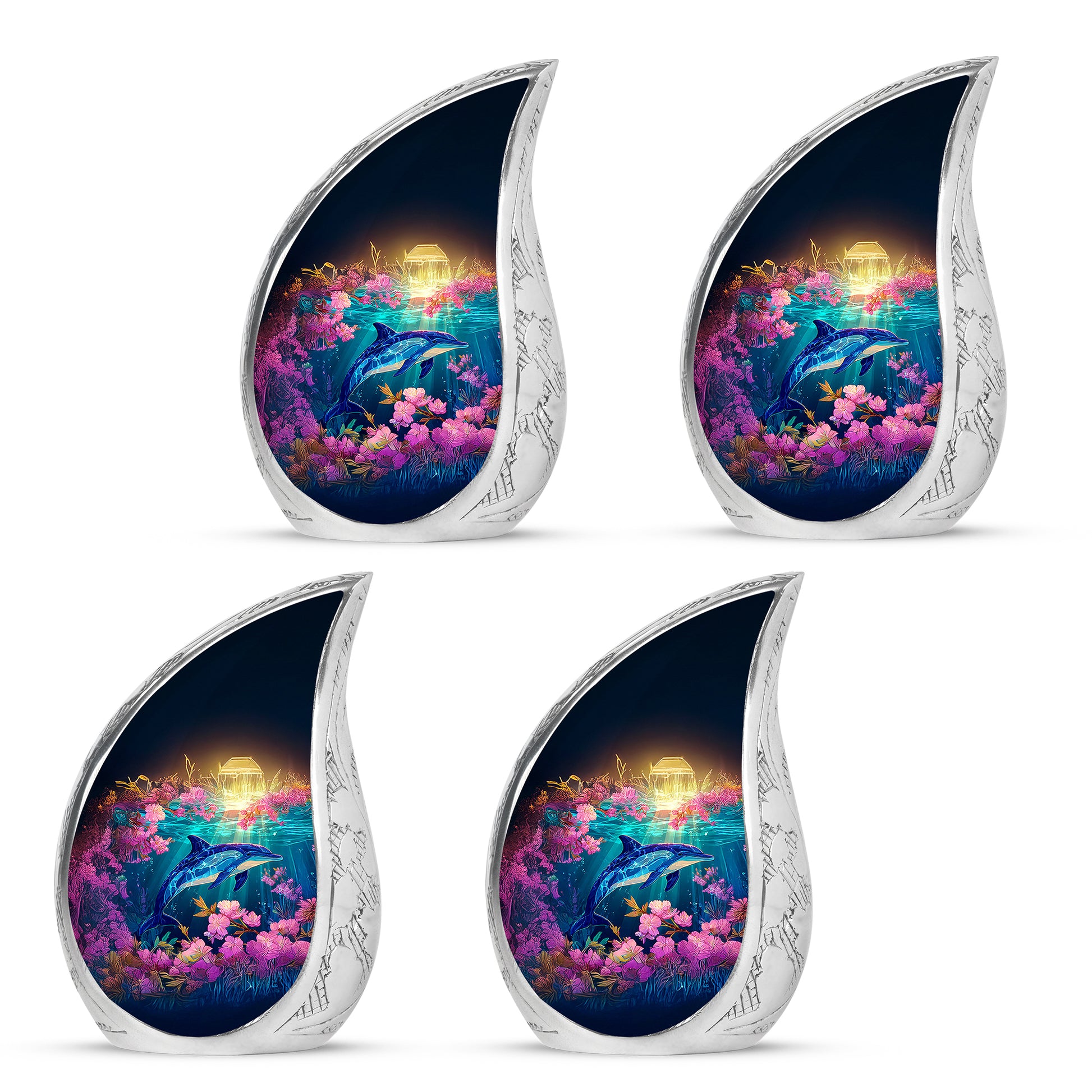 Sunrise Gold Dolphin Cremation Urn close-up of engraving and surface detail - rounded teardrop dolphin design with delicate detail - 10 inch aluminum urn for cremated remains