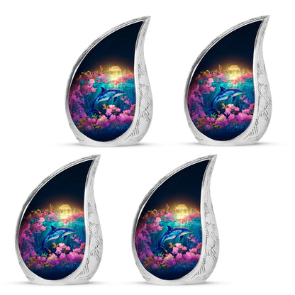 Sunrise Gold Dolphin Cremation Urn close-up of engraving and surface detail - rounded teardrop dolphin design with delicate detail - 10 inch aluminum urn for cremated remains