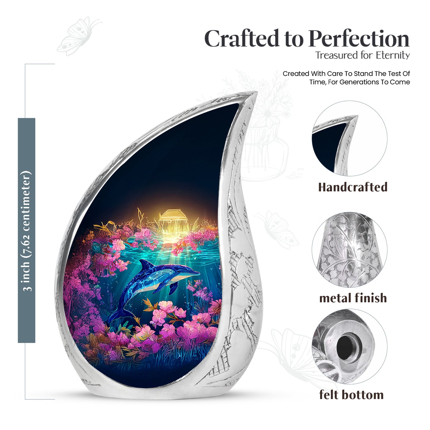 Warm Gold Dolphin Cremation Urn angled view of lid and engraved motif - smooth teardrop contour featuring dolphin art - mini keepsake memorial for portion of cremation ashes