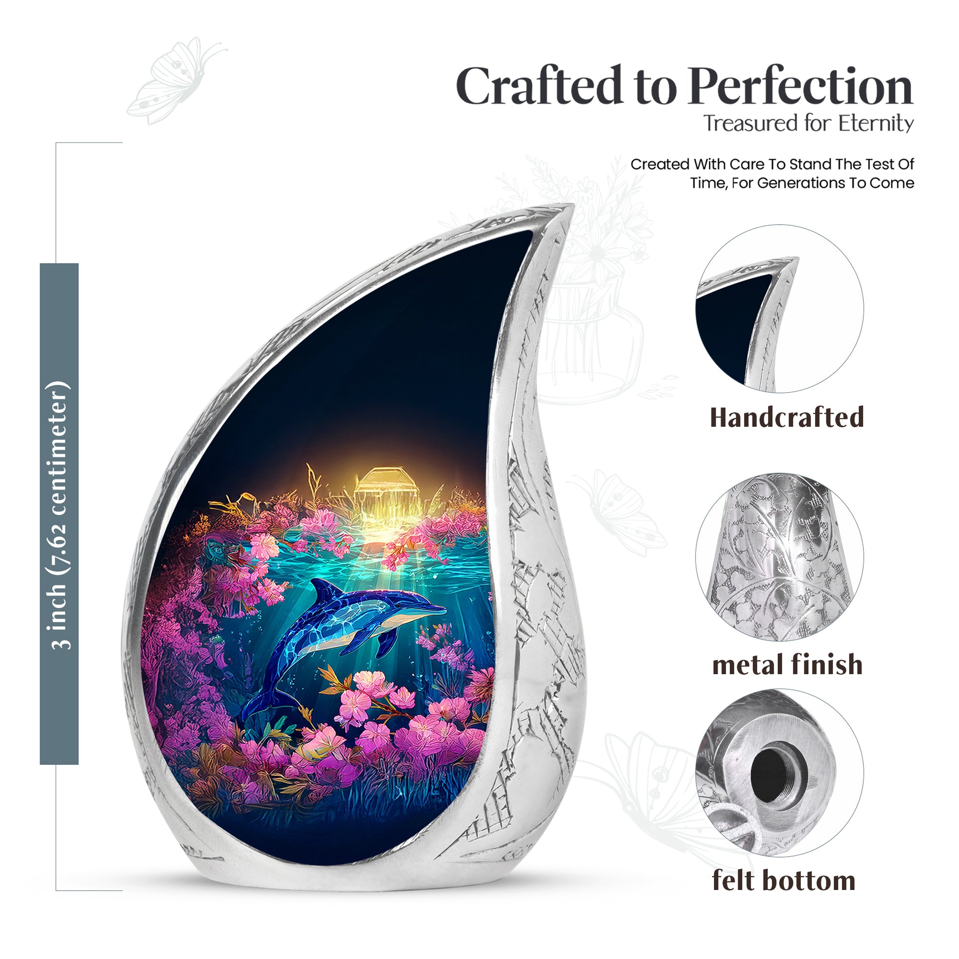 Warm Gold Dolphin Cremation Urn angled view of lid and engraved motif - smooth teardrop contour featuring dolphin art - mini keepsake memorial for portion of cremation ashes