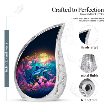 Warm Gold Dolphin Cremation Urn angled view of lid and engraved motif - smooth teardrop contour featuring dolphin art - mini keepsake memorial for portion of cremation ashes