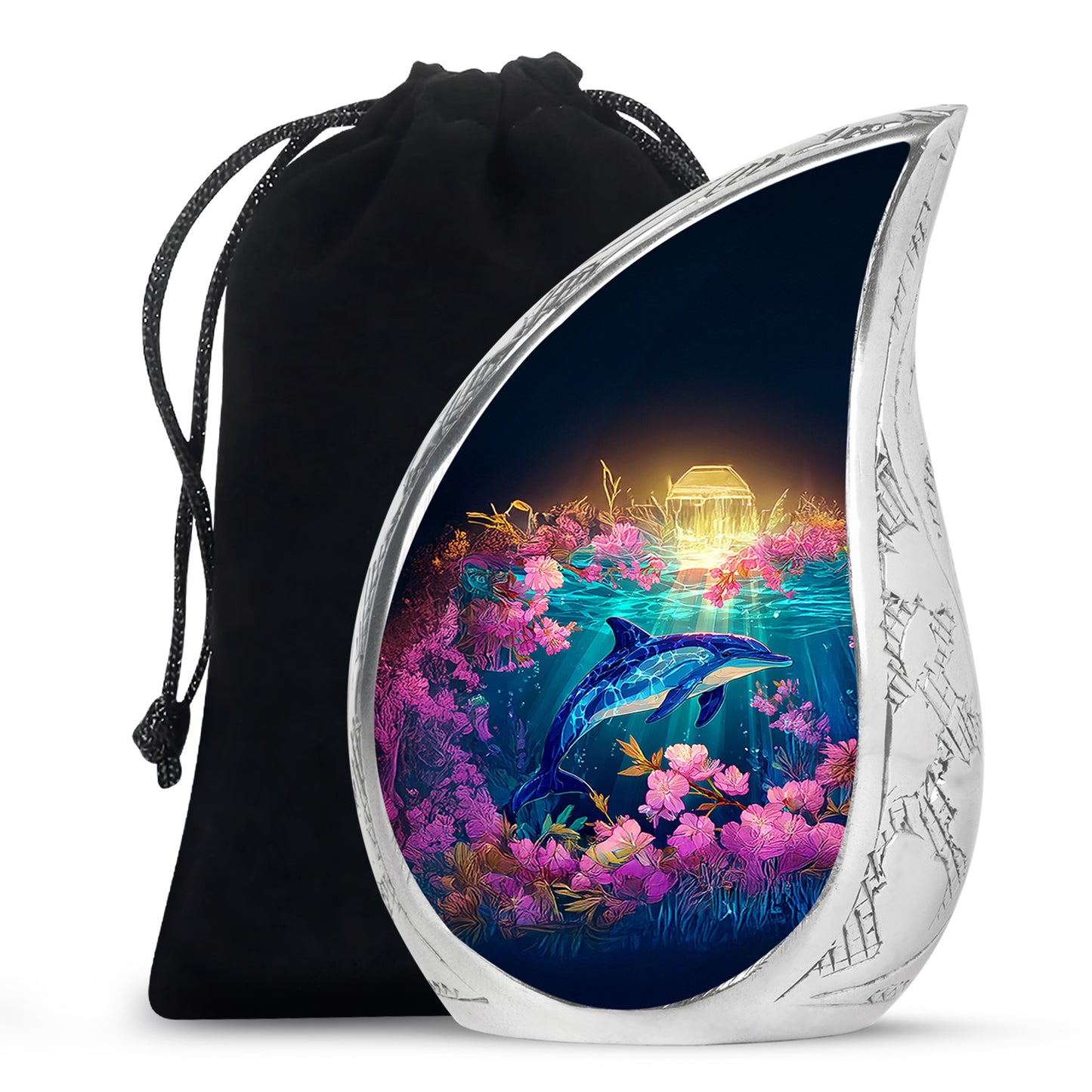Sunrise Gold Dolphin Cremation Urn front view showing detailed design - flowing teardrop dolphin silhouette on curved aluminum - full-size 10 inch 200 cubic inch adult cremation urn
