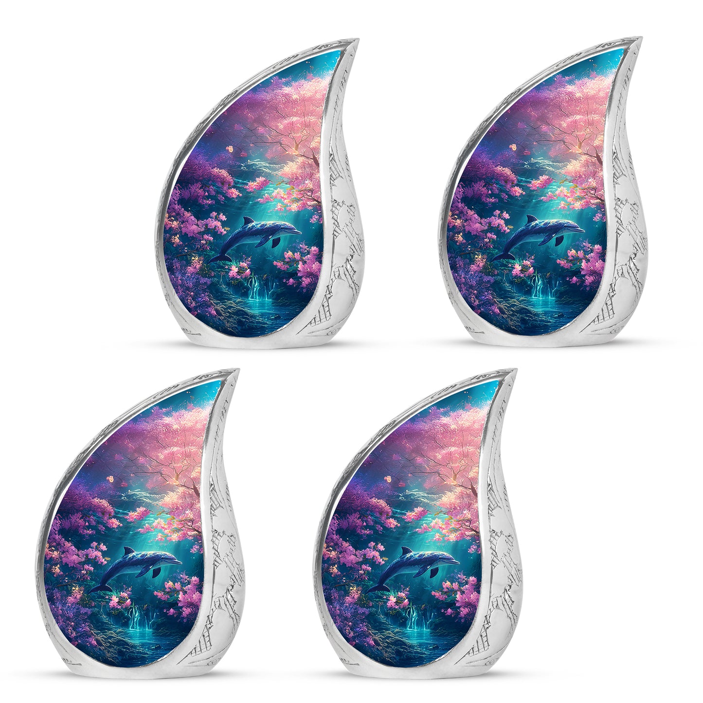 Dusty Pink Dolphin Cremation Urn close-up of engraving and surface detail - smooth teardrop contour featuring dolphin art - 10 inch aluminum urn for cremated remains