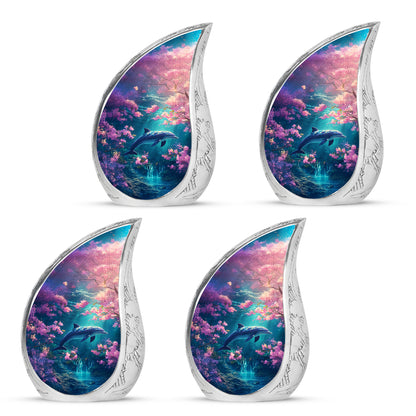 Dusty Pink Dolphin Cremation Urn close-up of engraving and surface detail - smooth teardrop contour featuring dolphin art - 10 inch aluminum urn for cremated remains