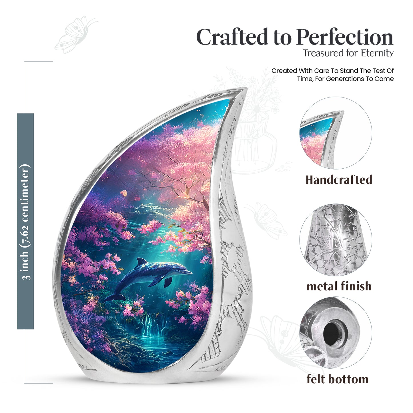 Blush Pink Dolphin Cremation Urn angled view of lid and engraved motif - rounded teardrop dolphin design with delicate detail - mini keepsake memorial for portion of cremation ashes