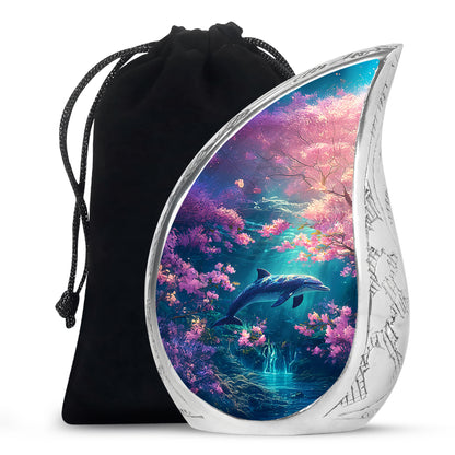 Coral Pink Dolphin Cremation Urn front view showing detailed design - flowing teardrop dolphin silhouette on curved aluminum - full-size 10 inch 200 cubic inch adult cremation urn