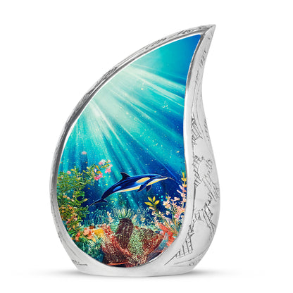 Resplendent Teal Dolphin Cremation Urn for Ashes - 10-inch, 200 cu in - Yatskia