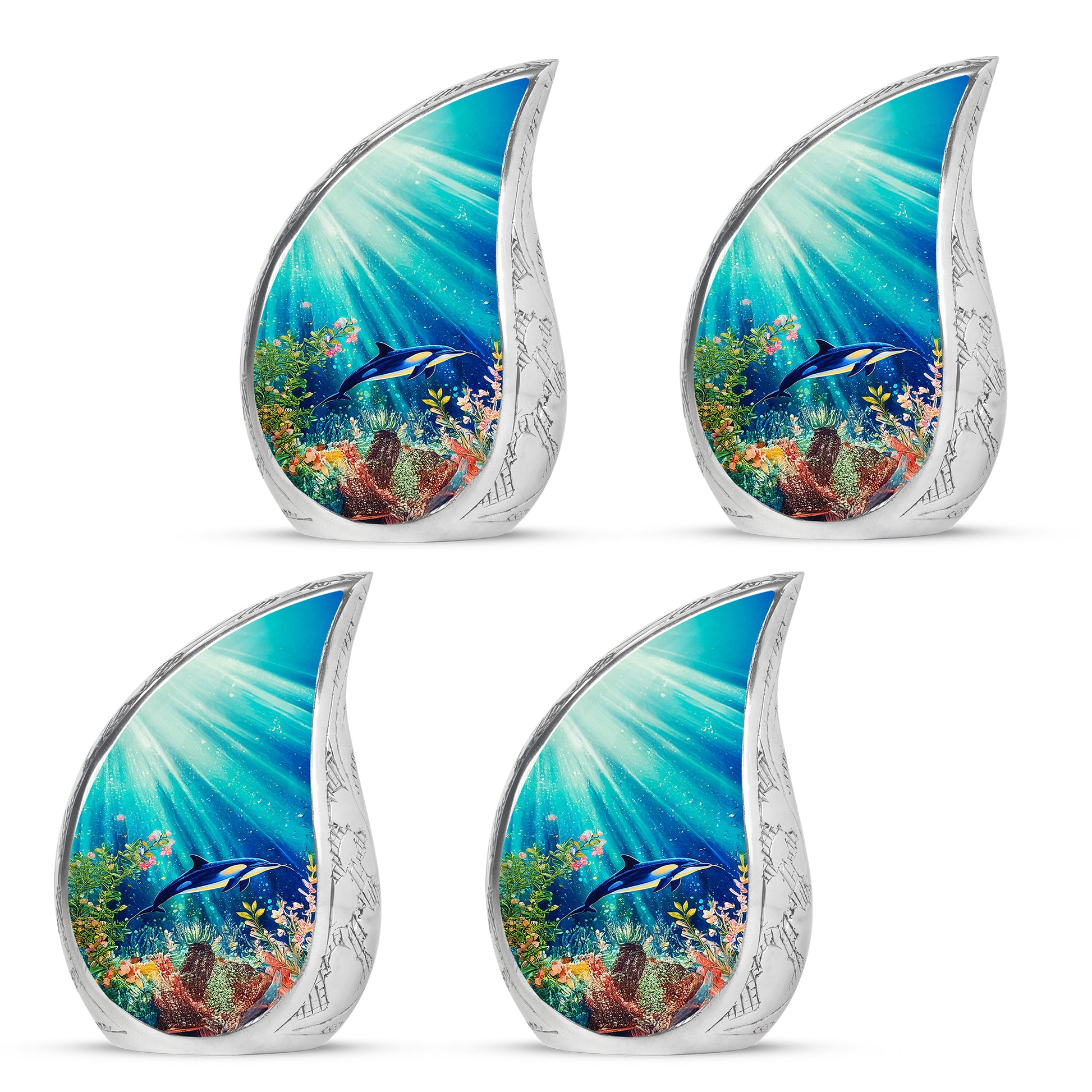 Sea Green Teal Dolphin Cremation Urn close-up of engraving and surface detail - flowing teardrop dolphin silhouette on curved aluminum - 10 inch aluminum urn for cremated remains
