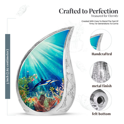 Deep Teal Dolphin Cremation Urn angled view of lid and engraved motif - graceful tear-shaped urn with dolphin motif - mini keepsake memorial for portion of cremation ashes
