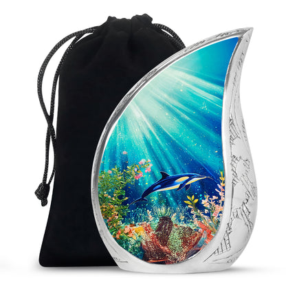 Deep Teal Dolphin Cremation Urn front view showing detailed design - graceful tear-shaped urn with dolphin motif - full-size 10 inch 200 cubic inch adult cremation urn