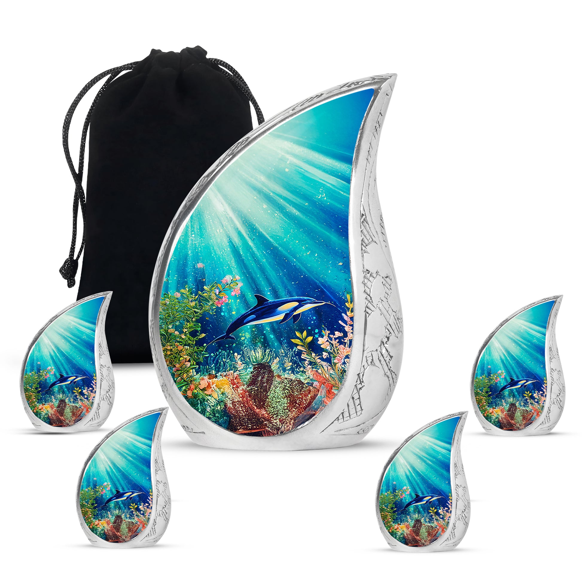 Deep Teal Dolphin Cremation Urn side profile showing urn shape - graceful tear-shaped urn with dolphin motif - memorial set with one large and four small urns