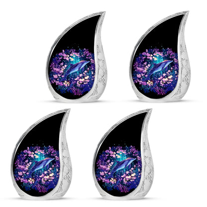 Indigo Dolphin Cremation Urn close-up of engraving and surface detail - rounded teardrop dolphin design with delicate detail - 10 inch aluminum urn for cremated remains