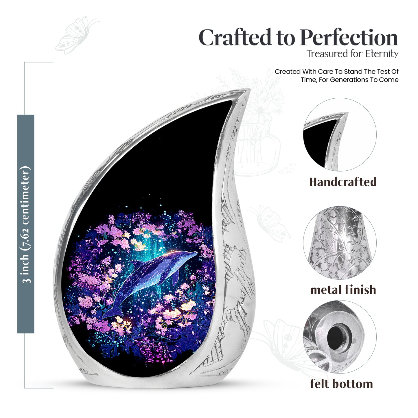 Calming Blue Dolphin Cremation Urn angled view of lid and engraved motif - graceful tear-shaped urn with dolphin motif - mini keepsake memorial for portion of cremation ashes
