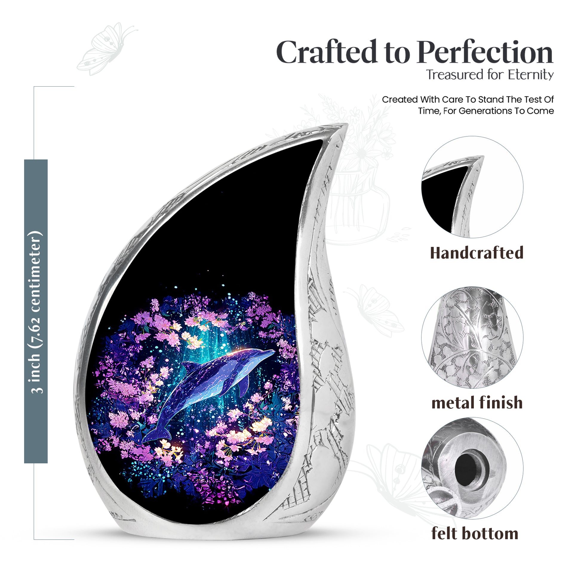Calming Blue Dolphin Cremation Urn angled view of lid and engraved motif - graceful tear-shaped urn with dolphin motif - mini keepsake memorial for portion of cremation ashes