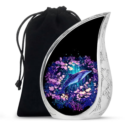 Navy Blue Dolphin Cremation Urn front view showing detailed design - flowing teardrop dolphin silhouette on curved aluminum - full-size 10 inch 200 cubic inch adult cremation urn
