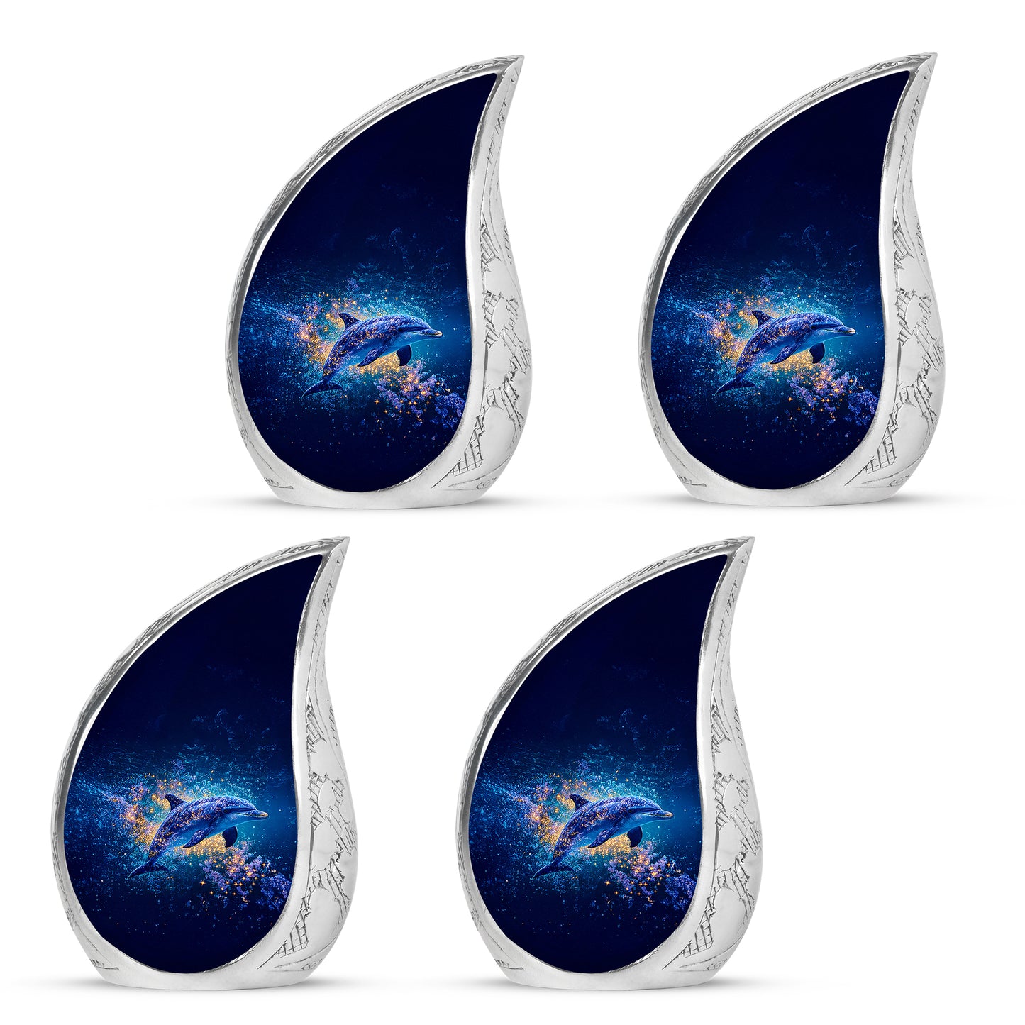 Celestial Blue Dolphin Cremation Urn close-up of engraving and surface detail - rounded teardrop dolphin design with delicate detail - 10 inch aluminum urn for cremated remains