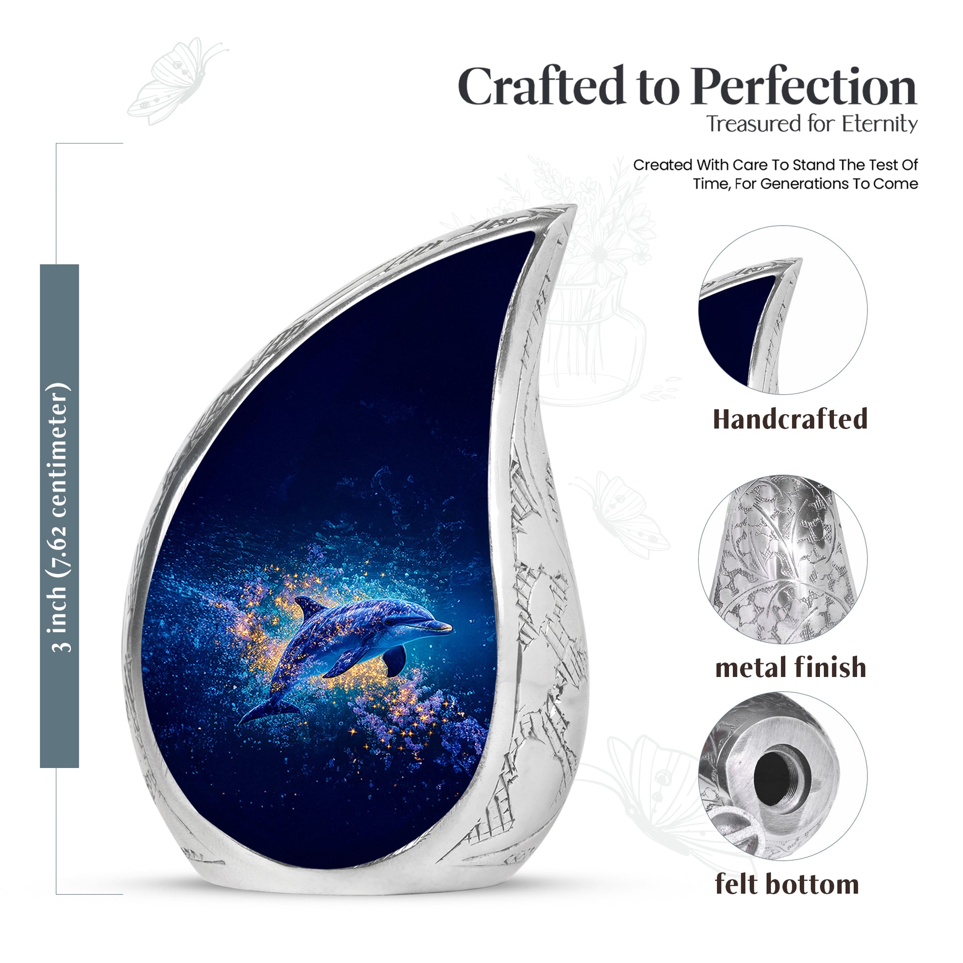 Steel Blue Dolphin Cremation Urn angled view of lid and engraved motif - graceful tear-shaped urn with dolphin motif - mini keepsake memorial for portion of cremation ashes