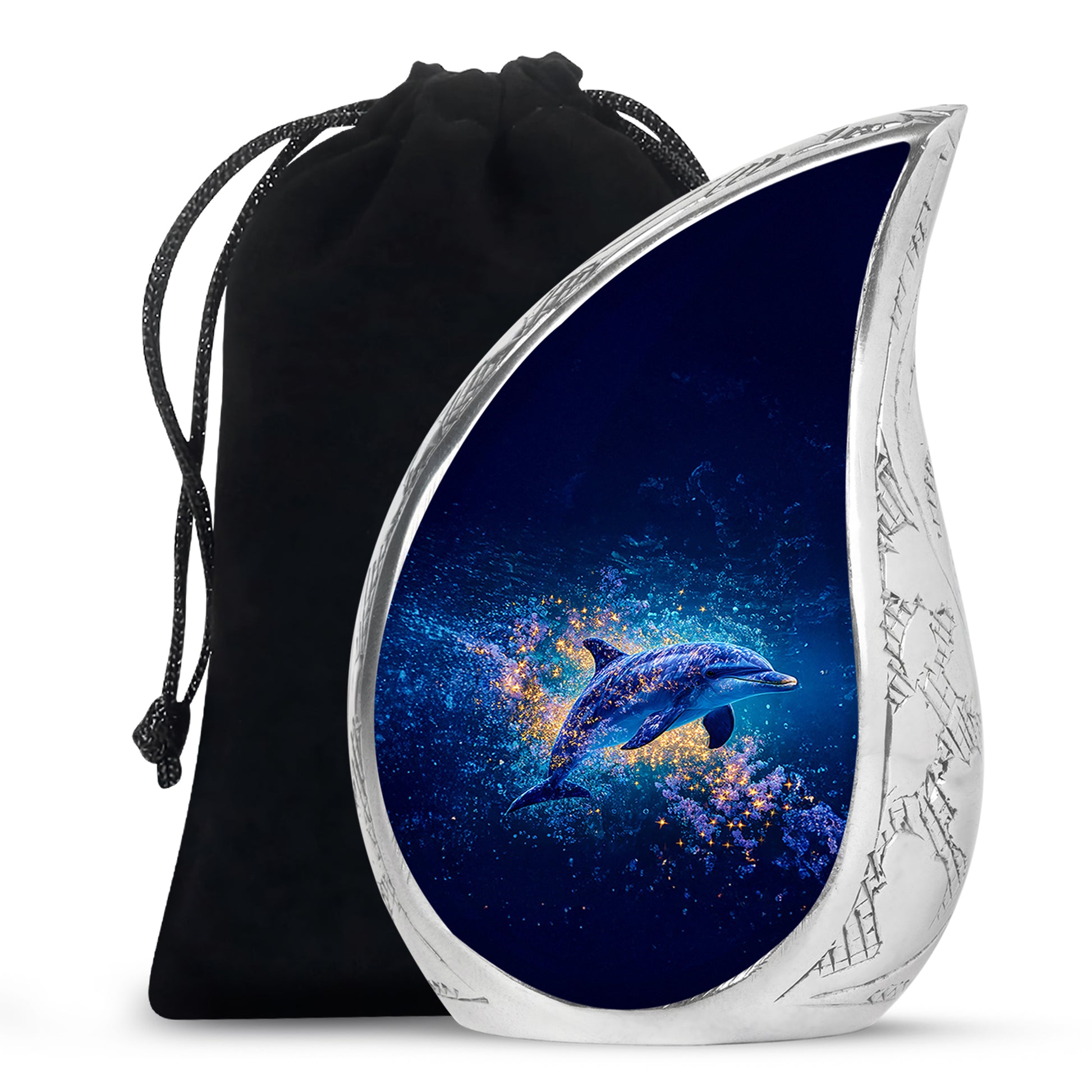 Calming Blue Dolphin Cremation Urn front view showing detailed design - graceful tear-shaped urn with dolphin motif - full-size 10 inch 200 cubic inch adult cremation urn