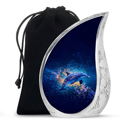Calming Blue Dolphin Cremation Urn front view showing detailed design - graceful tear-shaped urn with dolphin motif - full-size 10 inch 200 cubic inch adult cremation urn