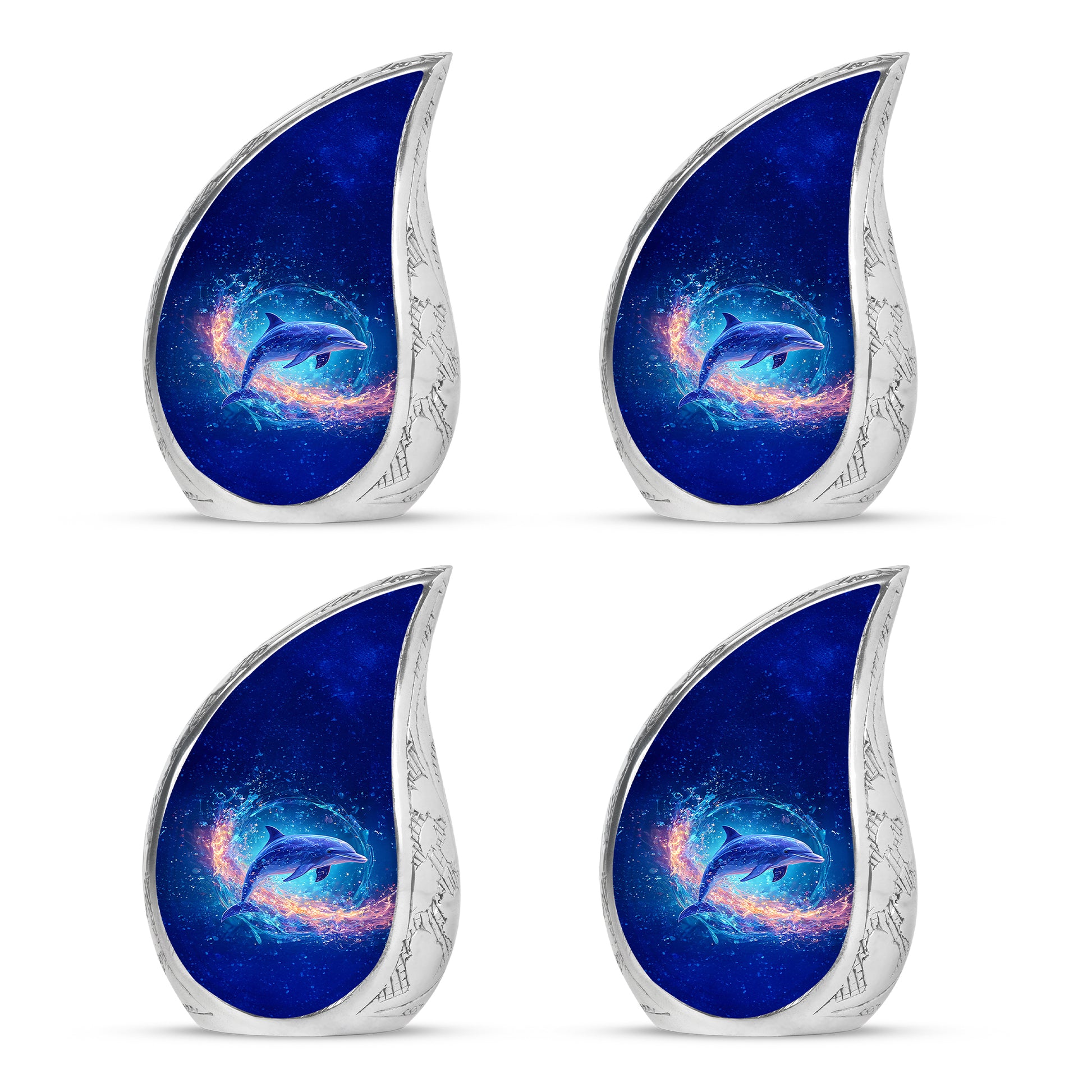 Misty Blue Dolphin Cremation Urn close-up of engraving and surface detail - flowing teardrop dolphin silhouette on curved aluminum - 10 inch aluminum urn for cremated remains