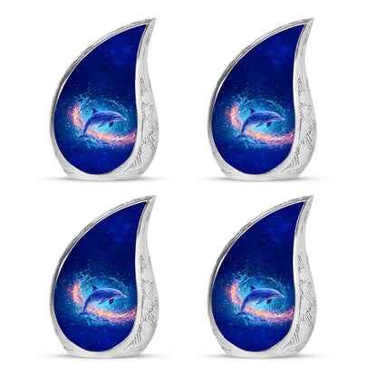 Misty Blue Dolphin Cremation Urn close-up of engraving and surface detail - flowing teardrop dolphin silhouette on curved aluminum - 10 inch aluminum urn for cremated remains