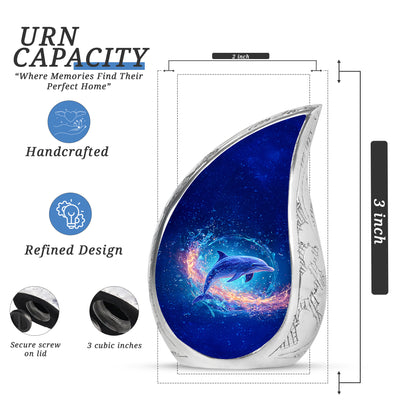 Sky Blue Dolphin Cremation Urn angled view of lid and engraved motif - rounded teardrop dolphin design with delicate detail - mini keepsake memorial for portion of cremation ashes
