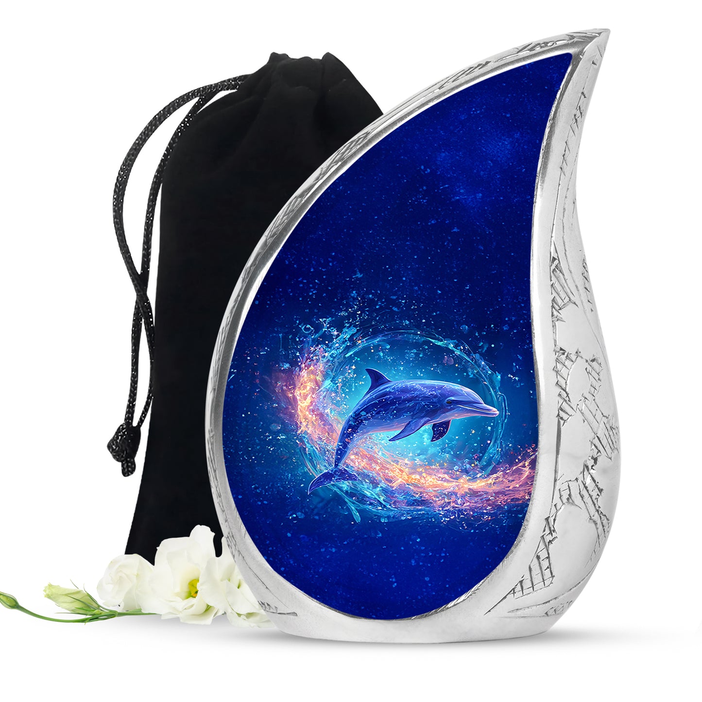 Soft Blue Dolphin Cremation Urn front view showing detailed design - smooth teardrop contour featuring dolphin art - full-size 10 inch 200 cubic inch adult cremation urn