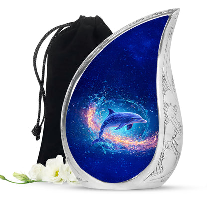 Soft Blue Dolphin Cremation Urn front view showing detailed design - smooth teardrop contour featuring dolphin art - full-size 10 inch 200 cubic inch adult cremation urn